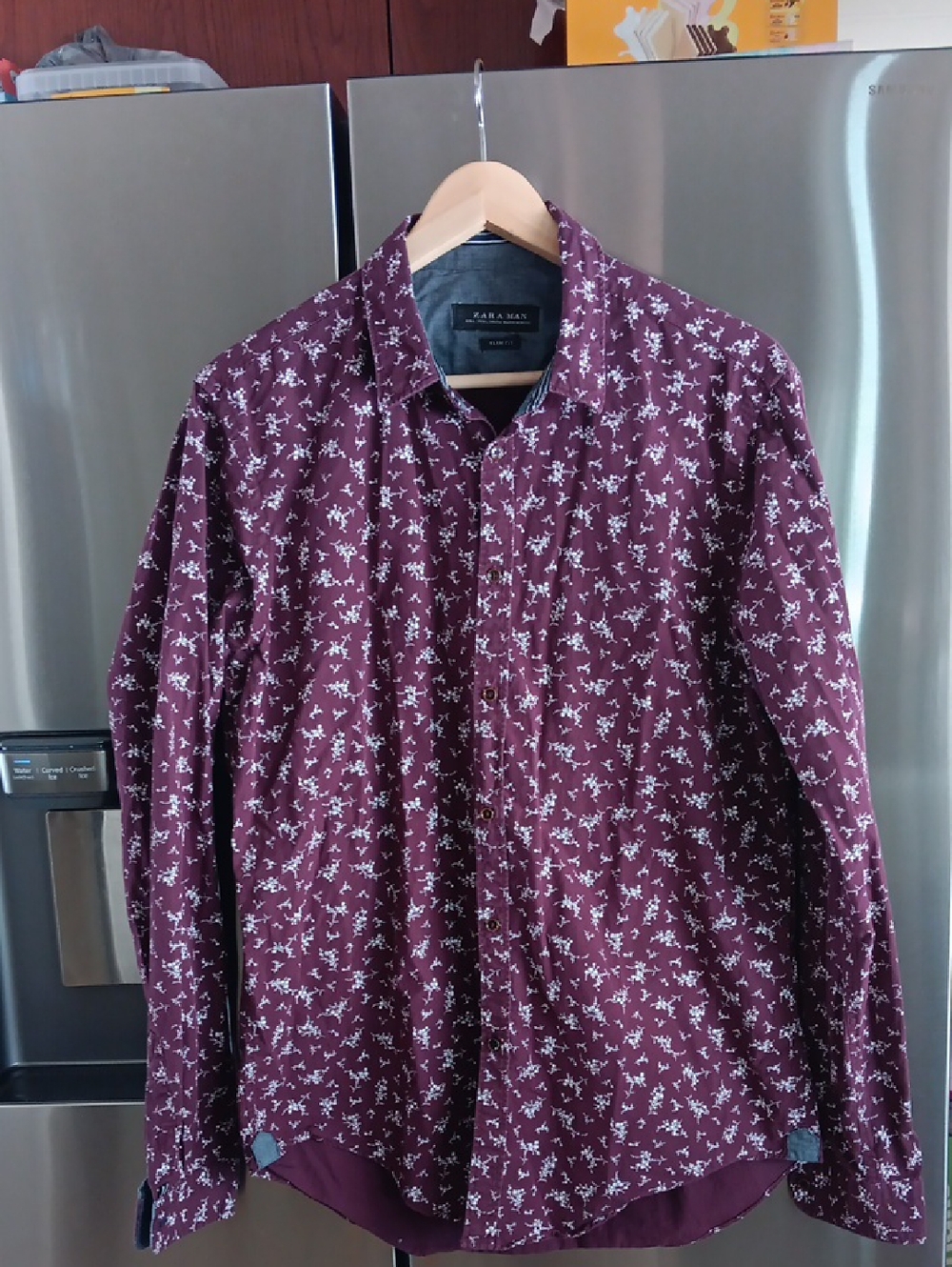 Zara Man Maroon Button-Down Shirt with White Floral Print